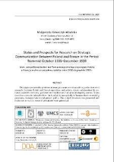 Status and prospects for research on strategic communication between Poland and France in the period from mid-October 1938&ndash;December 1939
