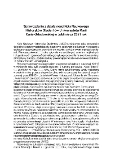 Sprawozdanie z działalności Koła Naukowego Historyk&oacute;w Student&oacute;w Uniwersytetu MariiCurie-Skłodowskiej w Lublinie za 2021 rok