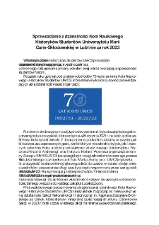 Sprawozdanie z działalności Koła Naukowego Historyk&oacute;w Student&oacute;w Uniwersytetu Marii Curie-Skłodowskiej w Lublinie za rok 2023
