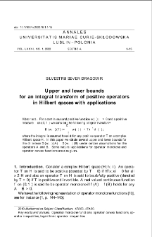Upper and lower bounds for an integral transform of positive operatorsin Hilbert spaces with applications