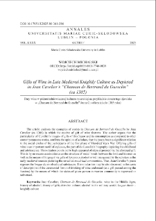 Gifts of wine in Late medieval knightly culture as depictedin Jean Cuvelier&rsquo;s &ldquo; Chanson de Bertrand du Guesclin &rdquo; (ca 1385)