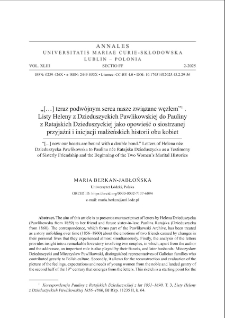 &bdquo;[&hellip;] teraz podw&oacute;jnym serca nasze związane węzłem&rdquo; 1.Listy Heleny z Dzieduszyckich Pawlikowskiej do Paulinyz Ratajskich Dzieduszyckiej jako opowieść o siostrzanej przyjaźni i inicjacji małżeńskich historii obu kobiet