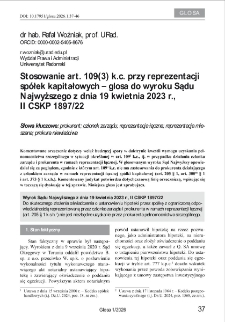 Stosowanie art. 109(3) k.c. przy reprezentacji sp&oacute;łek kapitałowych &ndash; glosa do wyroku Sądu Najwyższego z dnia 19 kwietnia 2023 r., II CSKP 1897/22