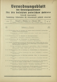 Verordnungsblatt des Generalgouverneurs für die Besetzten Polnischen Gebiete = Dziennik Rozporządzeń Generalnego Gubernatora dla Okupowanych Polskich Obszarów / hrsg. vom Amt des Generalgouverneurs. 1939, Nr 3 ( 2 November)