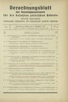 Verordnungsblatt des Generalgouverneurs für die Besetzten Polnischen Gebiete = Dziennik Rozporządzeń Generalnego Gubernatora dla Okupowanych Polskich Obszarów / hrsg. vom Amt des Generalgouverneurs. 1939, Nr 6 (20 November)
