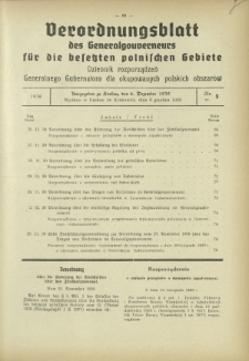 Verordnungsblatt des Generalgouverneurs für die Besetzten Polnischen Gebiete = Dziennik Rozporządzeń Generalnego Gubernatora dla Okupowanych Polskich Obszarów / hrsg. vom Amt des Generalgouverneurs. 1939, Nr (6 Dezember)