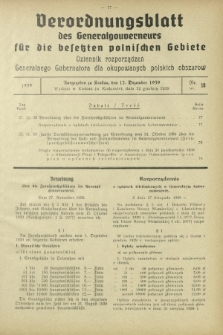 Verordnungsblatt des Generalgouverneurs für die Besetzten Polnischen Gebiete = Dziennik Rozporządzeń Generalnego Gubernatora dla Okupowanych Polskich Obszarów / hrsg. vom Amt des Generalgouverneurs. 1939, Nr 10 (12 Dezember)