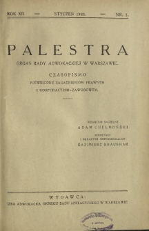 Palestra : organ Rady Adwokackiej w Warszawie : czasopismo poświęcone zagadnieniom prawnym i korporacyjno-zawodowym / red. Adam Chełmoński. R. 12, Nr 1 (styczeń 1935).