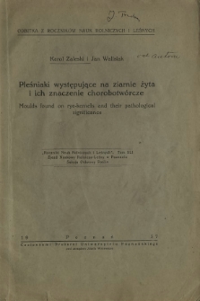 Pleśniaki występujące na ziarnie żyta i ich znaczenie chorobotwórcze
