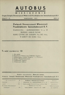 Autobus : organ Związku Stowarzyszeń Właścicieli Przedsiębiorstw Samochodowych R. P. / red. Maria de Lavaux. R. 6 [i.e. 7], z. 10 (1937)