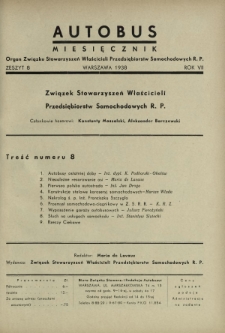 Autobus : organ Związku Stowarzyszeń Właścicieli Przedsiębiorstw Samochodowych R. P. / red. Maria de Lavaux. R. 7 [i.e. 8], z. 8 (1938)