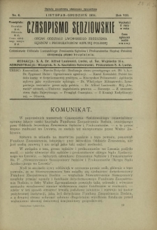 Czasopismo Sędziowskie : organ Oddziału Lwowskiego Zrzeszenia Sędziów i Prokuratorów Rzpltej Polskiej. R. 8, nr 6 (listopad-grudzień 1934)