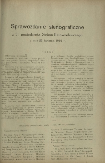 Sprawozdanie Stenograficzne z 31 Posiedzenia Sejmu Ustawodawczego z dnia 29 kwietnia 1919 r.