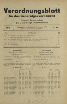 Verordnungsblatt für das Generalgouvernement = Dziennik Rozporządzeń dla Generalnego Gubernatorstwa. 1942, Nr. 64 (7. August)