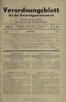 Verordnungsblatt für das Generalgouvernement = Dziennik Rozporządzeń dla Generalnego Gubernatorstwa. 1942, Nr. 86 (14. Oktober)