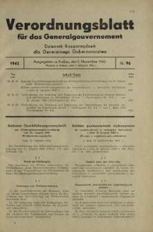 Verordnungsblatt für das Generalgouvernement = Dziennik Rozporządzeń dla Generalnego Gubernatorstwa. 1942, Nr. 96 (5. November)