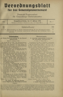 Verordnungsblatt für das Generalgouvernement = Dziennik Rozporządzeń dla Generalnego Gubernatorstwa. 1941, Nr 5 (15 Februar)