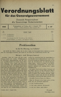 Verordnungsblatt für das Generalgouvernement = Dziennik Rozporządzeń dla Generalnego Gubernatorstwa. 1941, Nr 67 (1 August)