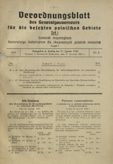 Verordnungsblatt des Generalgouverneurs für die Besetzten Polnischen Gebiete = Dziennik Rozporządzeń Generalnego Gubernatora dla Okupowanych Polskich Obszarów. Teil 1, Nr 5 (27 Januar 1940)