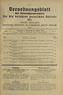 Verordnungsblatt des Generalgouverneurs für die Besetzten Polnischen Gebiete = Dziennik Rozporządzeń Generalnego Gubernatora dla Okupowanych Polskich Obszarów. Teil 1, Nr 7 (29 Januar 1940)