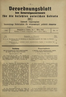 Verordnungsblatt des Generalgouverneurs für die Besetzten Polnischen Gebiete = Dziennik Rozporządzeń Generalnego Gubernatora dla Okupowanych Polskich Obszarów. Teil 1, Nr 16 (5 Marz 1940)