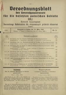 Verordnungsblatt des Generalgouverneurs für die Besetzten Polnischen Gebiete = Dziennik Rozporządzeń Generalnego Gubernatora dla Okupowanych Polskich Obszarów. Teil 1, Nr 21 (20 Marz 1940)