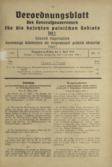 Verordnungsblatt des Generalgouverneurs für die Besetzten Polnischen Gebiete = Dziennik Rozporządzeń Generalnego Gubernatora dla Okupowanych Polskich Obszarów. Teil 1, Nr 24 (4 April 1940)