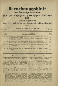 Verordnungsblatt des Generalgouverneurs für die Besetzten Polnischen Gebiete = Dziennik Rozporządzeń Generalnego Gubernatora dla Okupowanych Polskich Obszarów. Teil 1, Nr 25 (12 April 1940)
