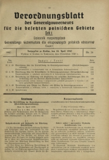 Verordnungsblatt des Generalgouverneurs für die Besetzten Polnischen Gebiete = Dziennik Rozporządzeń Generalnego Gubernatora dla Okupowanych Polskich Obszarów. Teil 1, Nr 26 (18 April 1940)
