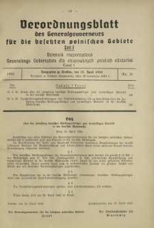 Verordnungsblatt des Generalgouverneurs für die Besetzten Polnischen Gebiete = Dziennik Rozporządzeń Generalnego Gubernatora dla Okupowanych Polskich Obszarów. Teil 1, Nr 28 (20 April 1940)