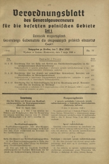 Verordnungsblatt des Generalgouverneurs für die Besetzten Polnischen Gebiete = Dziennik Rozporządzeń Generalnego Gubernatora dla Okupowanych Polskich Obszarów. Teil 1, Nr 35 (7 Mai 1940)