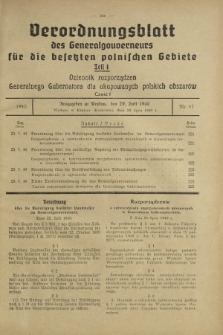 Verordnungsblatt des Generalgouverneurs für die Besetzten Polnischen Gebiete = Dziennik Rozporządzeń Generalnego Gubernatora dla Okupowanych Polskich Obszarów. Teil 1, Nr 47 (29 Juli 1940)