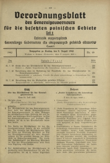 Verordnungsblatt des Generalgouverneurs für die Besetzten Polnischen Gebiete = Dziennik Rozporządzeń Generalnego Gubernatora dla Okupowanych Polskich Obszarów. Teil 1, Nr 49 (9 August 1940)