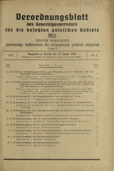 Verordnungsblatt des Generalgouverneurs für die Besetzten Polnischen Gebiete = Dziennik Rozporządzeń Generalnego Gubernatora dla Okupowanych Polskich Obszarów. Teil 2, Nr 1 (19 Januar 1940)