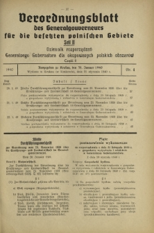 Verordnungsblatt des Generalgouverneurs für die Besetzten Polnischen Gebiete = Dziennik Rozporządzeń Generalnego Gubernatora dla Okupowanych Polskich Obszarów. Teil 2, Nr 4 (31 Januar 1940)