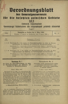 Verordnungsblatt des Generalgouverneurs für die Besetzten Polnischen Gebiete = Dziennik Rozporządzeń Generalnego Gubernatora dla Okupowanych Polskich Obszarów. Teil 2, Nr 17 (9 Marz 1940)