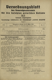 Verordnungsblatt des Generalgouverneurs für die Besetzten Polnischen Gebiete = Dziennik Rozporządzeń Generalnego Gubernatora dla Okupowanych Polskich Obszarów. Teil 2, Nr 20 (19 Marz 1940)