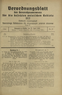 Verordnungsblatt des Generalgouverneurs für die Besetzten Polnischen Gebiete = Dziennik Rozporządzeń Generalnego Gubernatora dla Okupowanych Polskich Obszarów. Teil 2, Nr 29 (23 April 1940)