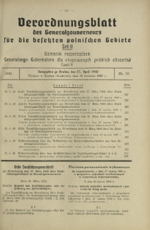 Verordnungsblatt des Generalgouverneurs für die Besetzten Polnischen Gebiete = Dziennik Rozporządzeń Generalnego Gubernatora dla Okupowanych Polskich Obszarów. Teil 2, Nr 30 (27 April 1940)