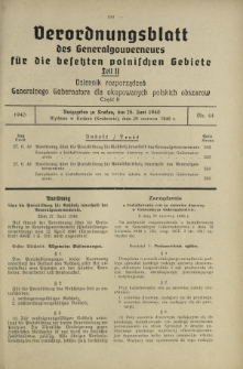 Verordnungsblatt des Generalgouverneurs für die Besetzten Polnischen Gebiete = Dziennik Rozporządzeń Generalnego Gubernatora dla Okupowanych Polskich Obszarów. Teil 2, Nr 44 (28 Juni 1940)