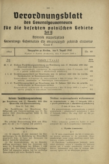 Verordnungsblatt des Generalgouverneurs für die Besetzten Polnischen Gebiete = Dziennik Rozporządzeń Generalnego Gubernatora dla Okupowanych Polskich Obszarów. Teil 2, Nr 49 (9 August 1940)
