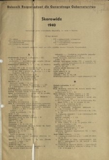 Verordnungsblatt des Generalgouverneurs für die Besetzten Polnischen Gebiete = Dziennik Rozporządzeń Generalnego Gubernatora dla Okupowanych Polskich Obszarów. Teil 2, Skorowidz 1940 = Sachverzeichnis 1940