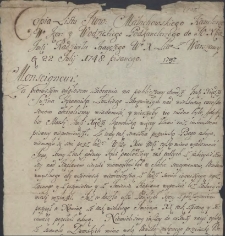 Copia listu Jww Małachowskiego Kanclerza W. Kor. y Wodzickiego Podkanclerzego do J. O. Xcia Jmci Radziwiłła Krayczego W. X. Litt z Warszawy 22 Julij 1748. pisanego