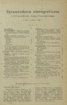 Sprawozdanie Stenograficzne z 214 Posiedzenia Sejmu Ustawodawczego z dnia 1 marca 1921 r.