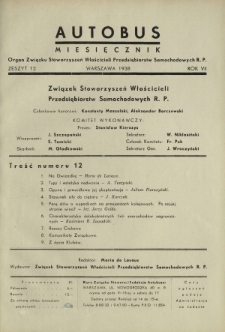 Autobus : organ Związku Stowarzyszeń Właścicieli Przedsiębiorstw Samochodowych R. P. / red. Maria de Lavaux. R. 7 [i.e. 8], z. 12 (1938)
