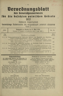 Verordnungsblatt des Generalgouverneurs für die Besetzten Polnischen Gebiete = Dziennik Rozporządzeń Generalnego Gubernatora dla Okupowanych Polskich Obszarów. Teil 2, Nr 36 (9 Mai 1940)
